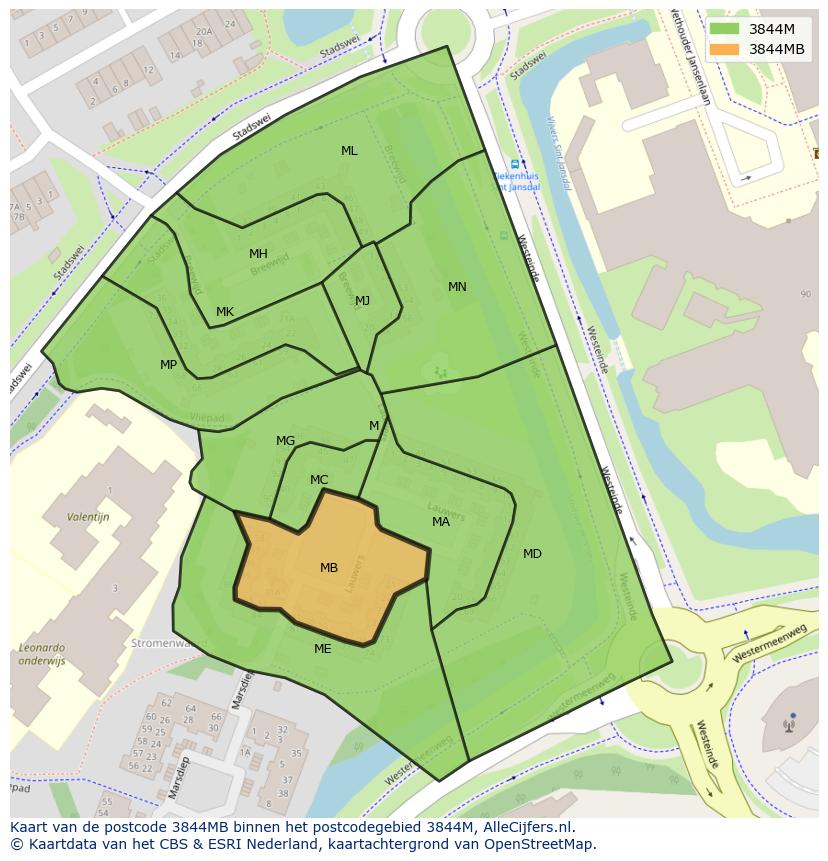 Afbeelding van het postcodegebied 3844 MB op de kaart.