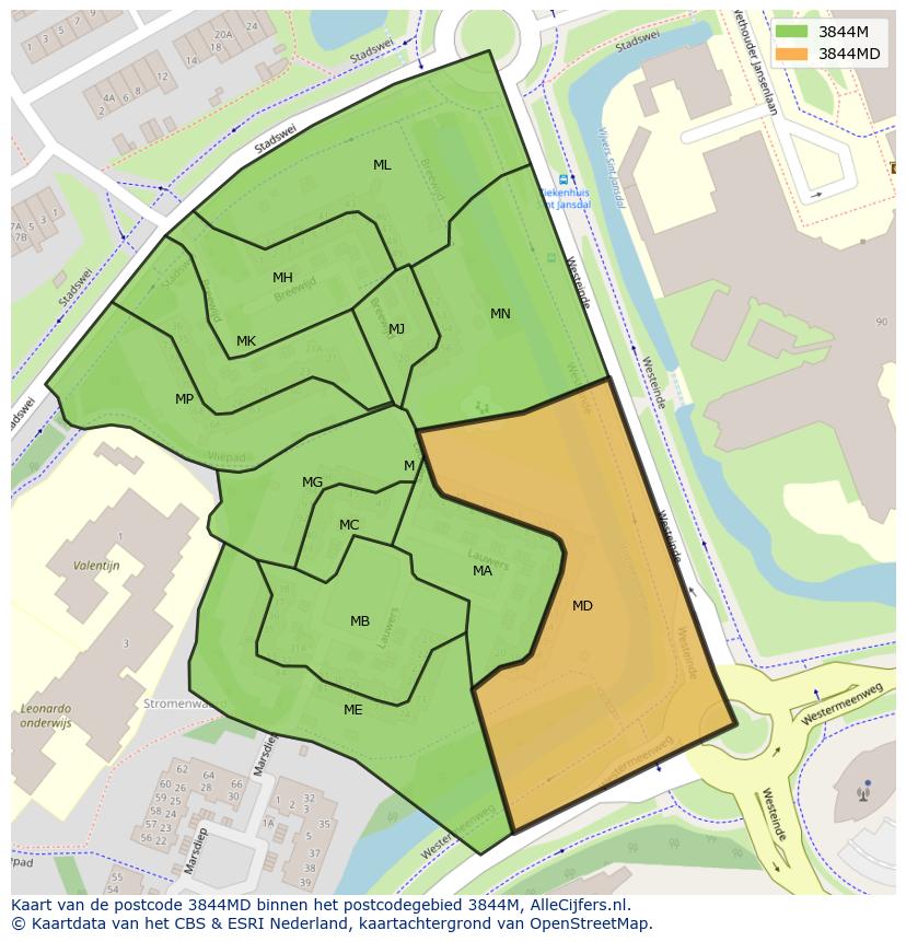 Afbeelding van het postcodegebied 3844 MD op de kaart.