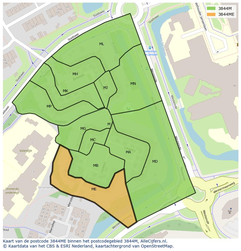Afbeelding van het postcodegebied 3844 ME op de kaart.