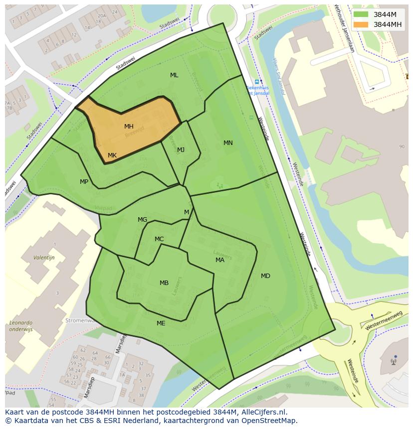 Afbeelding van het postcodegebied 3844 MH op de kaart.