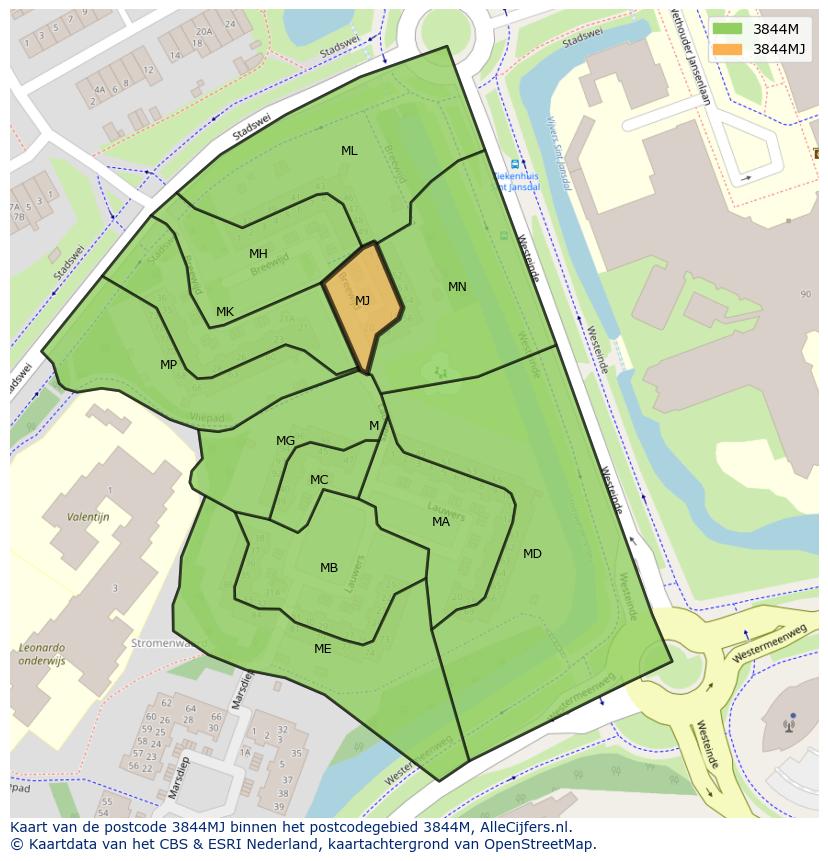 Afbeelding van het postcodegebied 3844 MJ op de kaart.