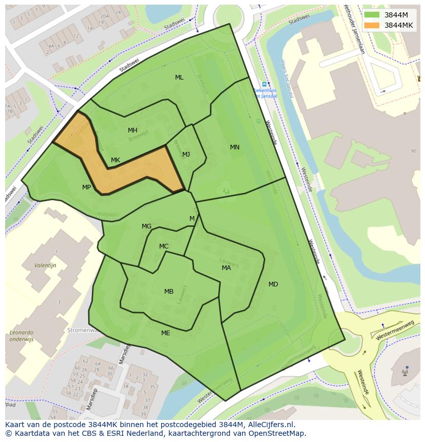 Afbeelding van het postcodegebied 3844 MK op de kaart.