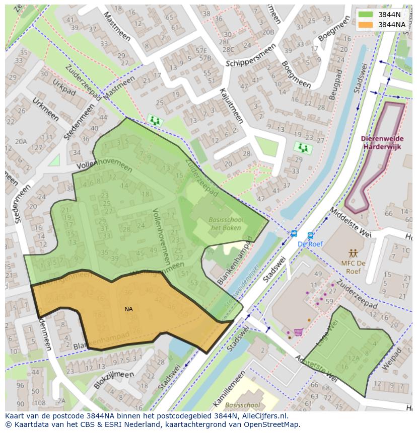 Afbeelding van het postcodegebied 3844 NA op de kaart.