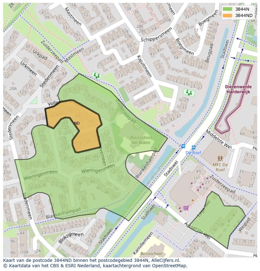 Afbeelding van het postcodegebied 3844 ND op de kaart.