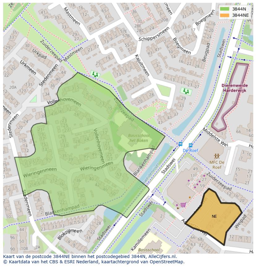 Afbeelding van het postcodegebied 3844 NE op de kaart.