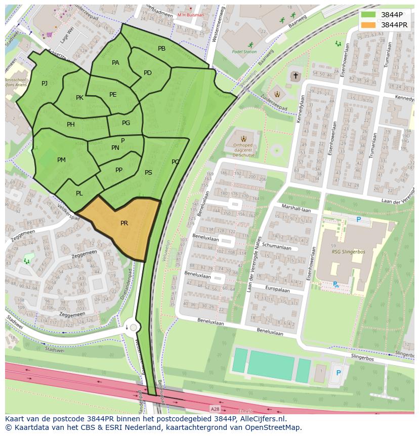 Afbeelding van het postcodegebied 3844 PR op de kaart.