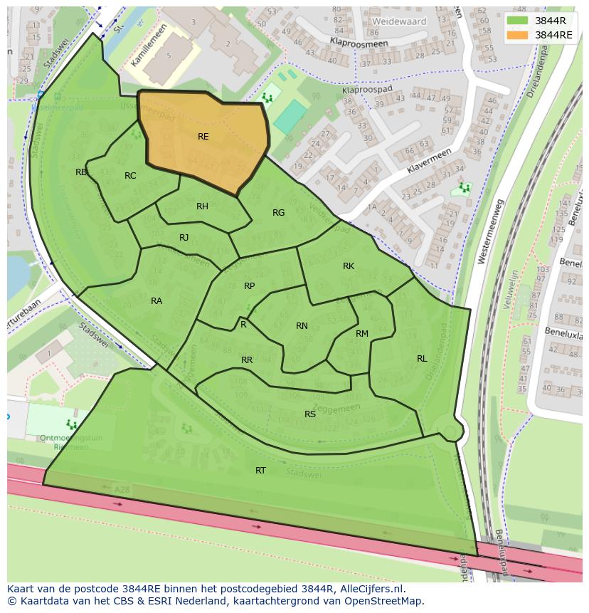 Afbeelding van het postcodegebied 3844 RE op de kaart.