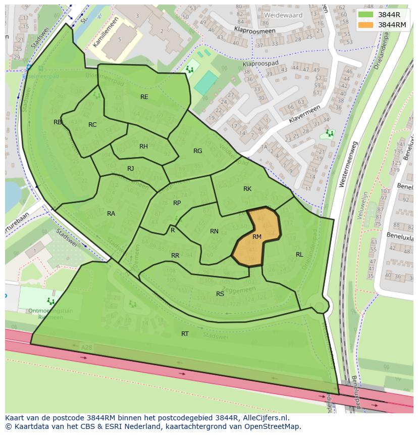 Afbeelding van het postcodegebied 3844 RM op de kaart.