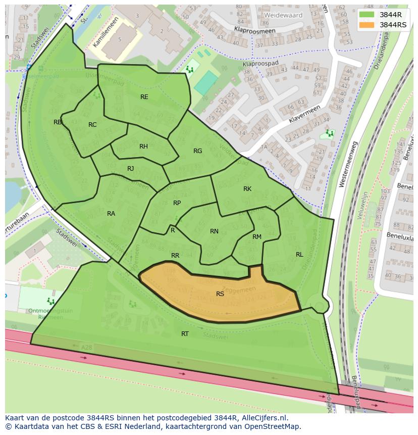 Afbeelding van het postcodegebied 3844 RS op de kaart.