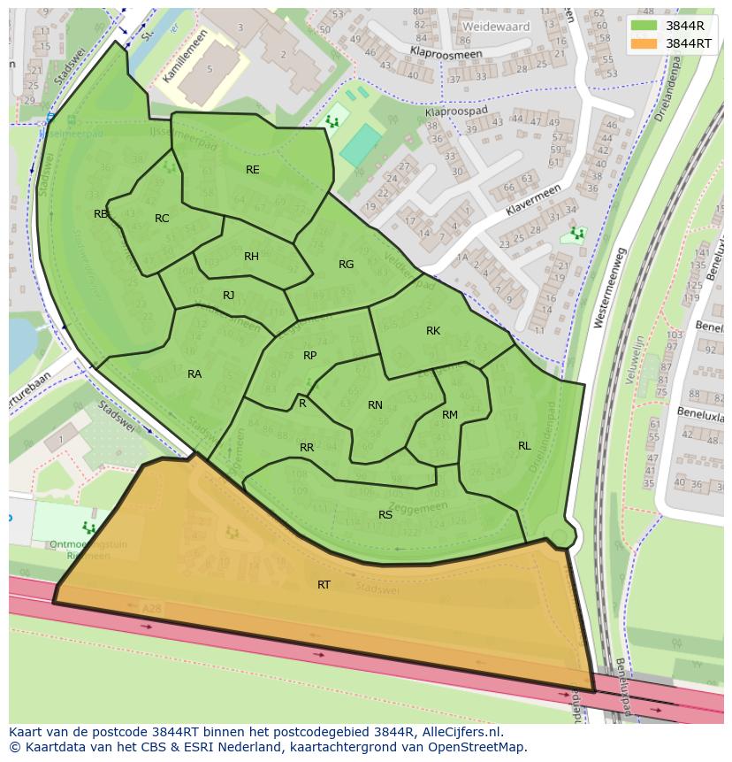 Afbeelding van het postcodegebied 3844 RT op de kaart.