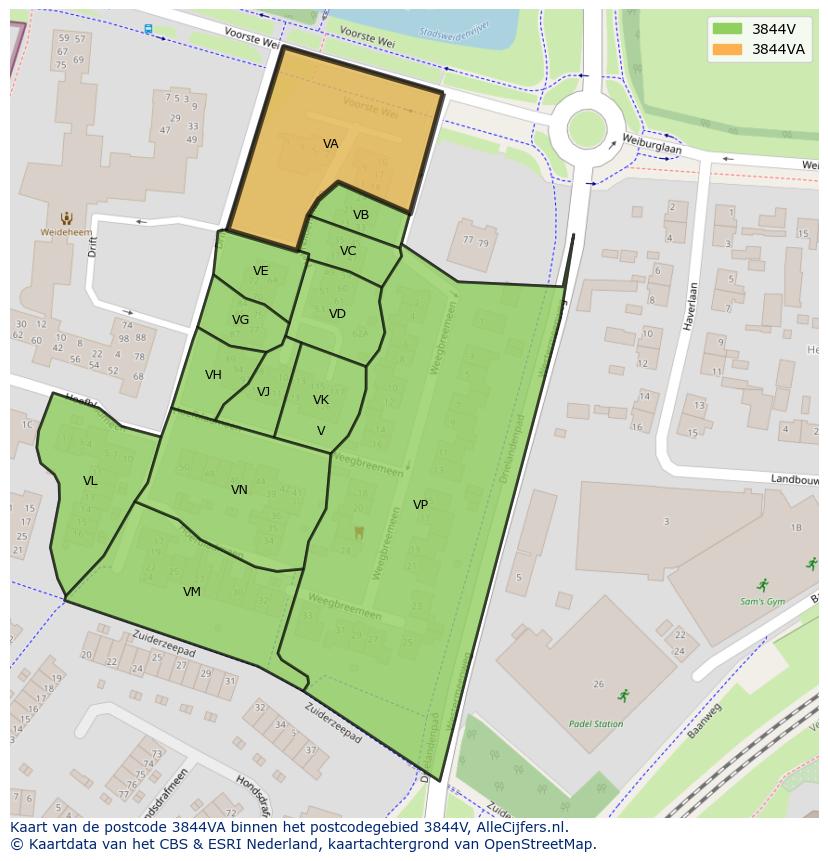 Afbeelding van het postcodegebied 3844 VA op de kaart.