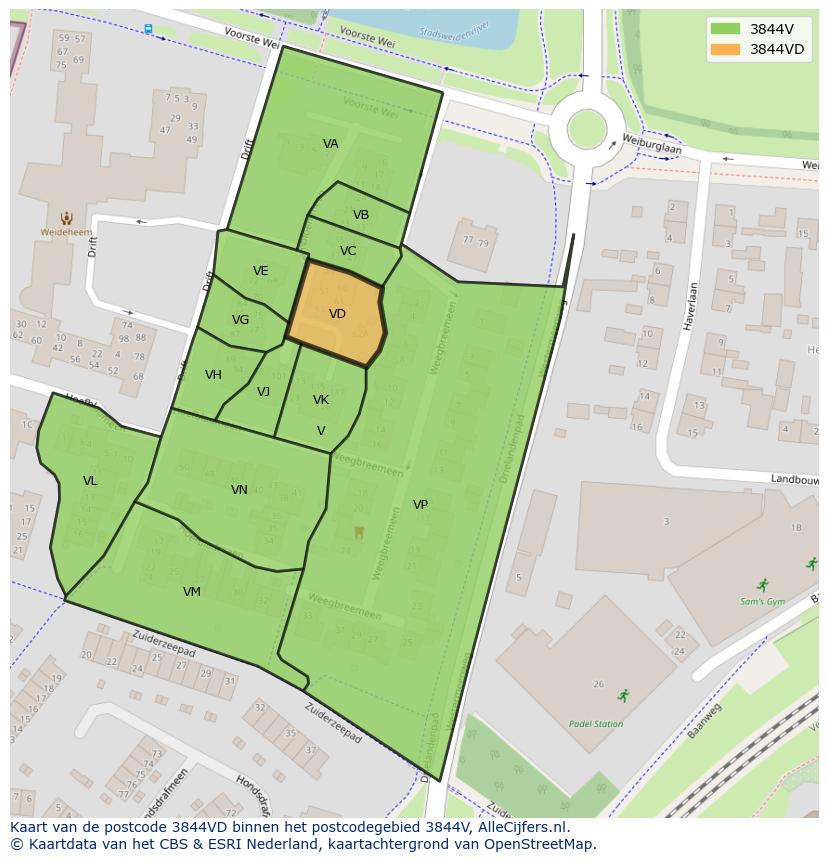 Afbeelding van het postcodegebied 3844 VD op de kaart.