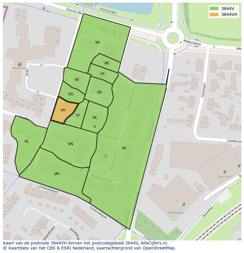 Afbeelding van het postcodegebied 3844 VH op de kaart.