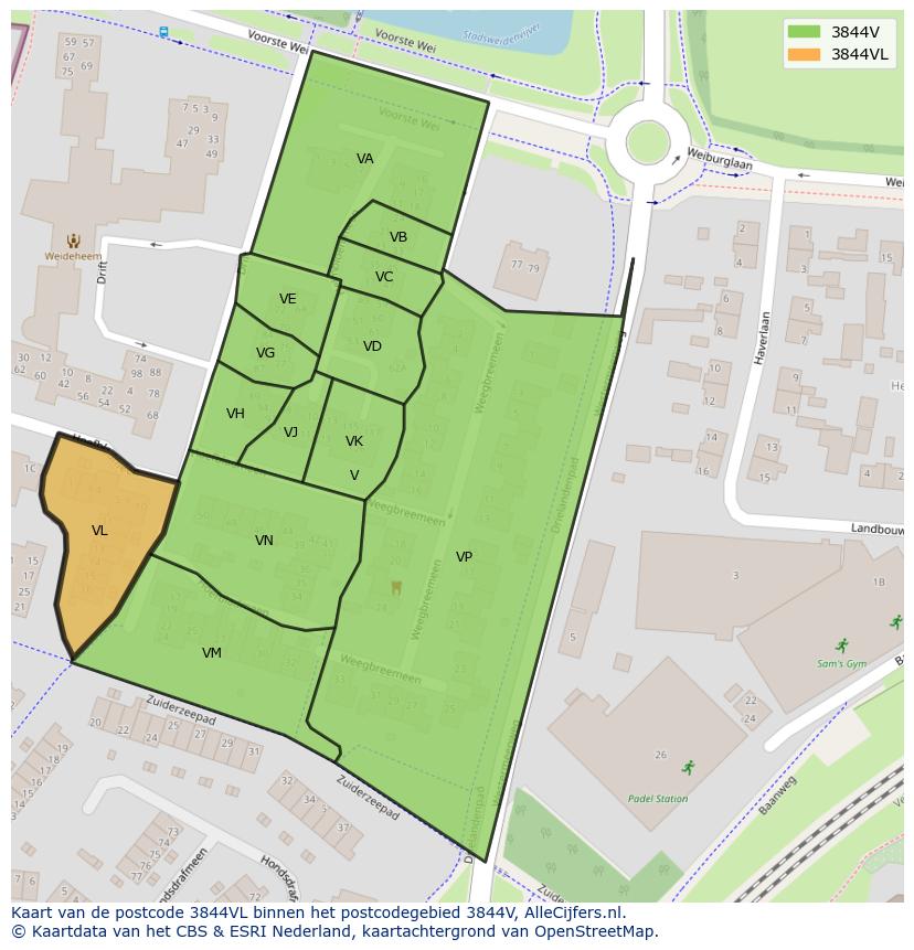 Afbeelding van het postcodegebied 3844 VL op de kaart.