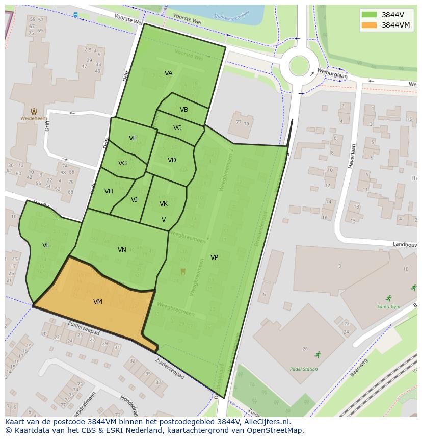 Afbeelding van het postcodegebied 3844 VM op de kaart.