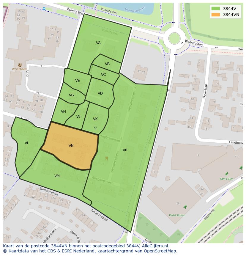 Afbeelding van het postcodegebied 3844 VN op de kaart.
