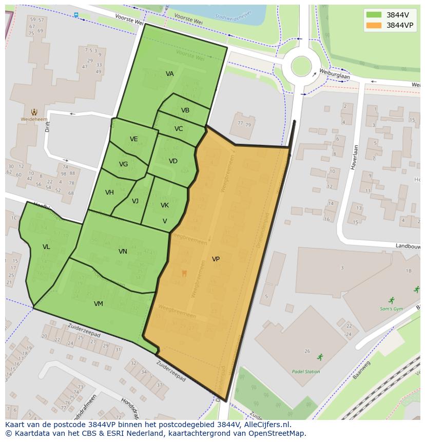 Afbeelding van het postcodegebied 3844 VP op de kaart.