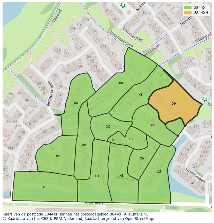 Afbeelding van het postcodegebied 3844 XH op de kaart.