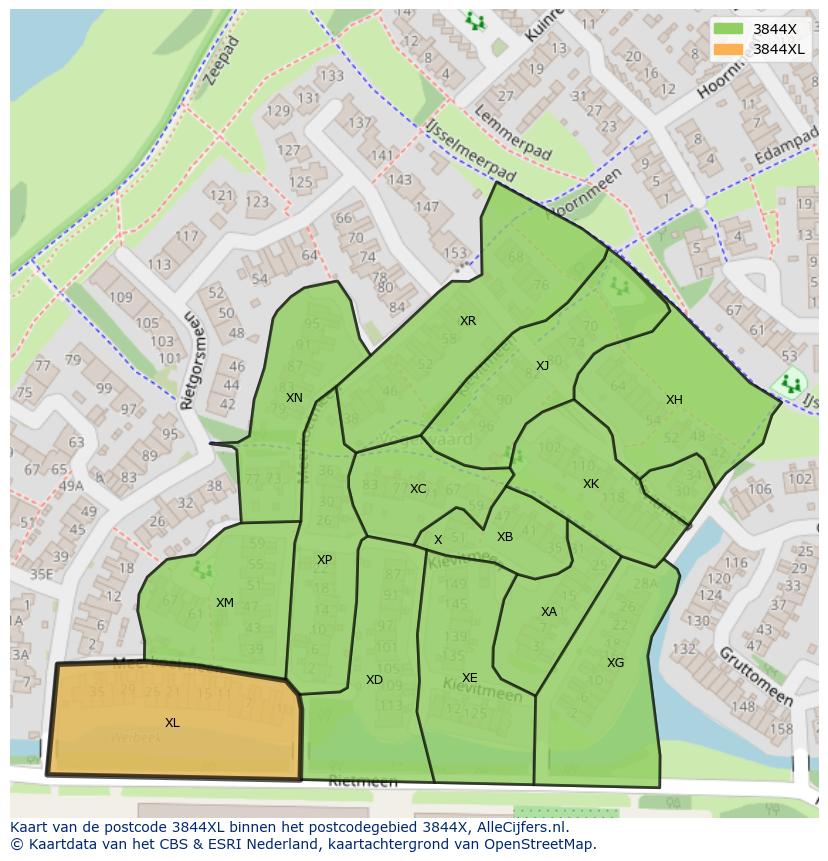 Afbeelding van het postcodegebied 3844 XL op de kaart.