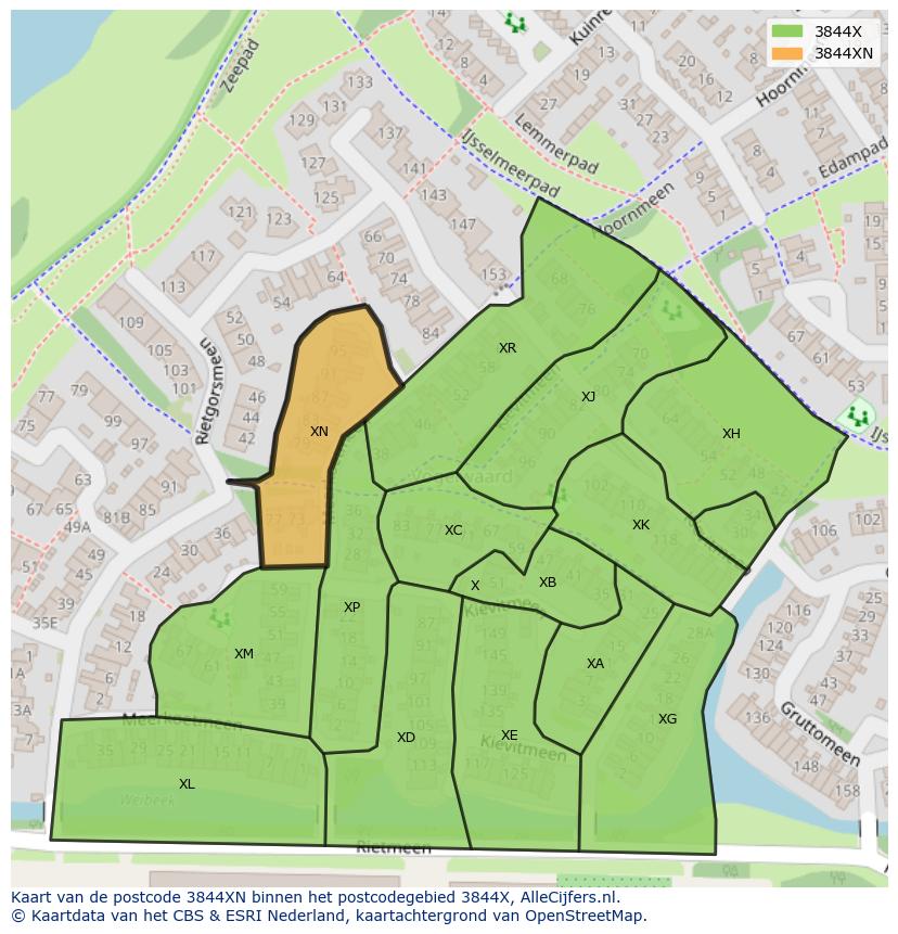 Afbeelding van het postcodegebied 3844 XN op de kaart.