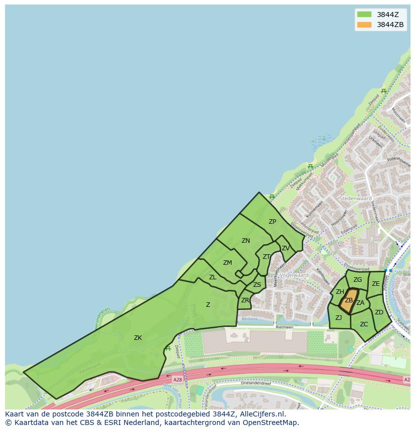 Afbeelding van het postcodegebied 3844 ZB op de kaart.