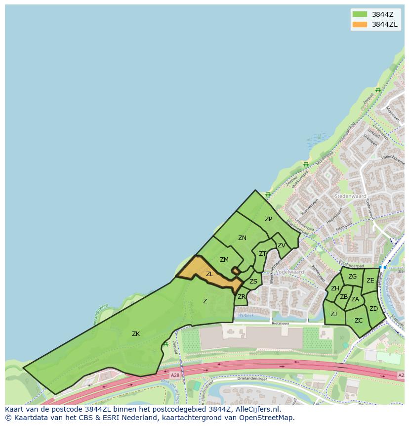 Afbeelding van het postcodegebied 3844 ZL op de kaart.