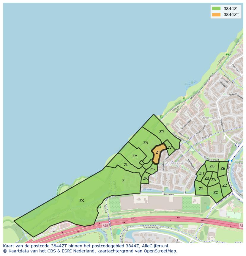 Afbeelding van het postcodegebied 3844 ZT op de kaart.