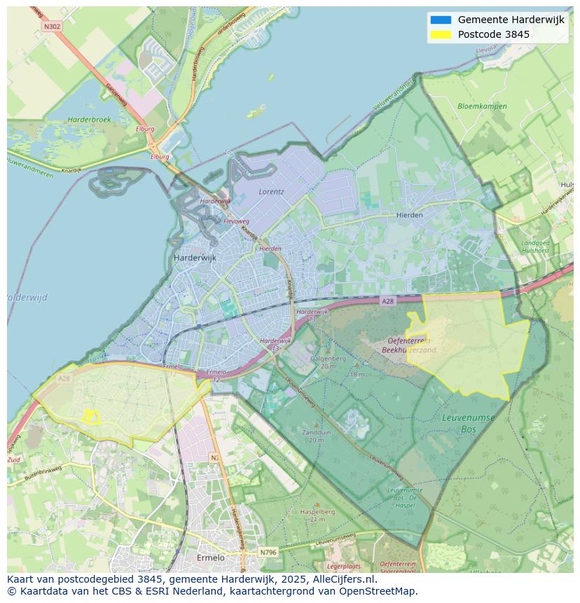 Afbeelding van het postcodegebied 3845 op de kaart.