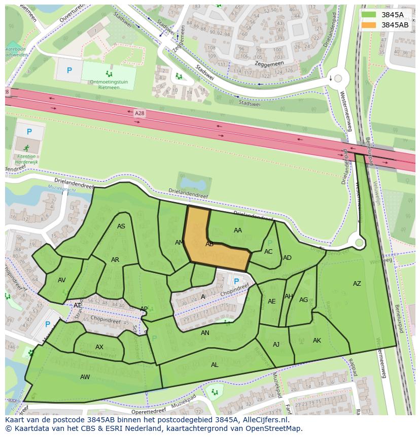 Afbeelding van het postcodegebied 3845 AB op de kaart.