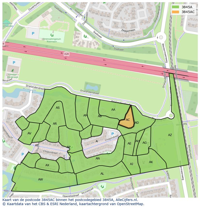Afbeelding van het postcodegebied 3845 AC op de kaart.