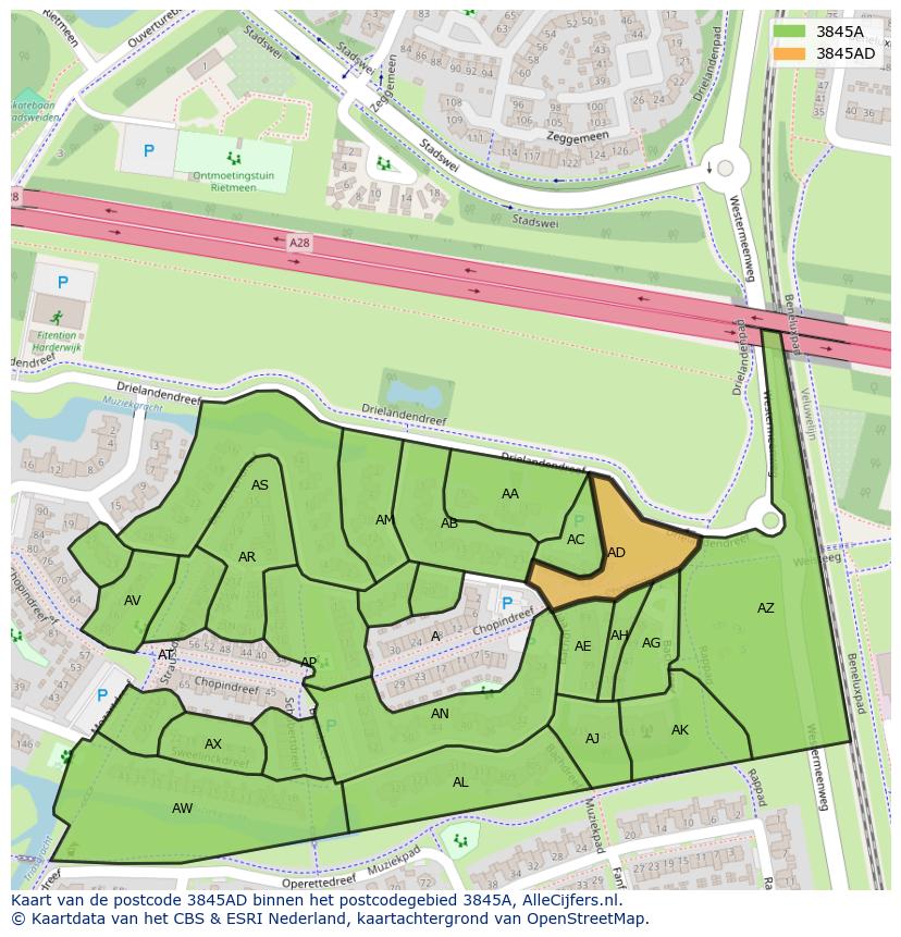 Afbeelding van het postcodegebied 3845 AD op de kaart.