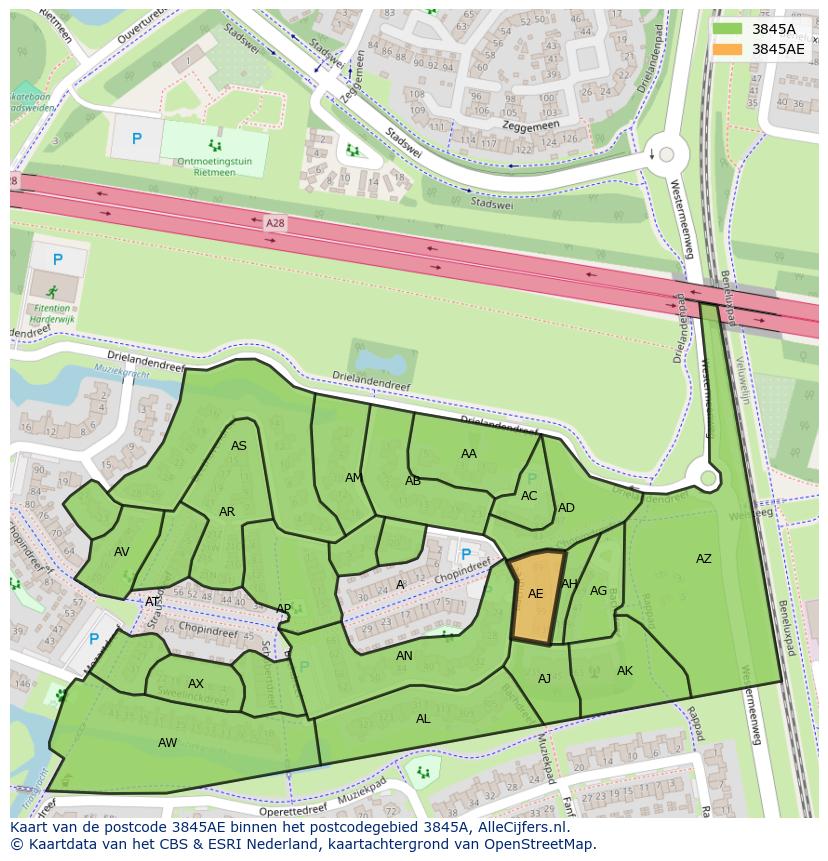 Afbeelding van het postcodegebied 3845 AE op de kaart.