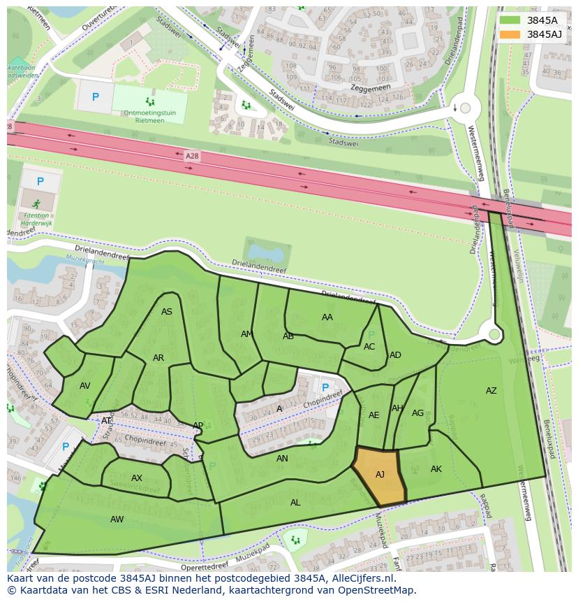 Afbeelding van het postcodegebied 3845 AJ op de kaart.