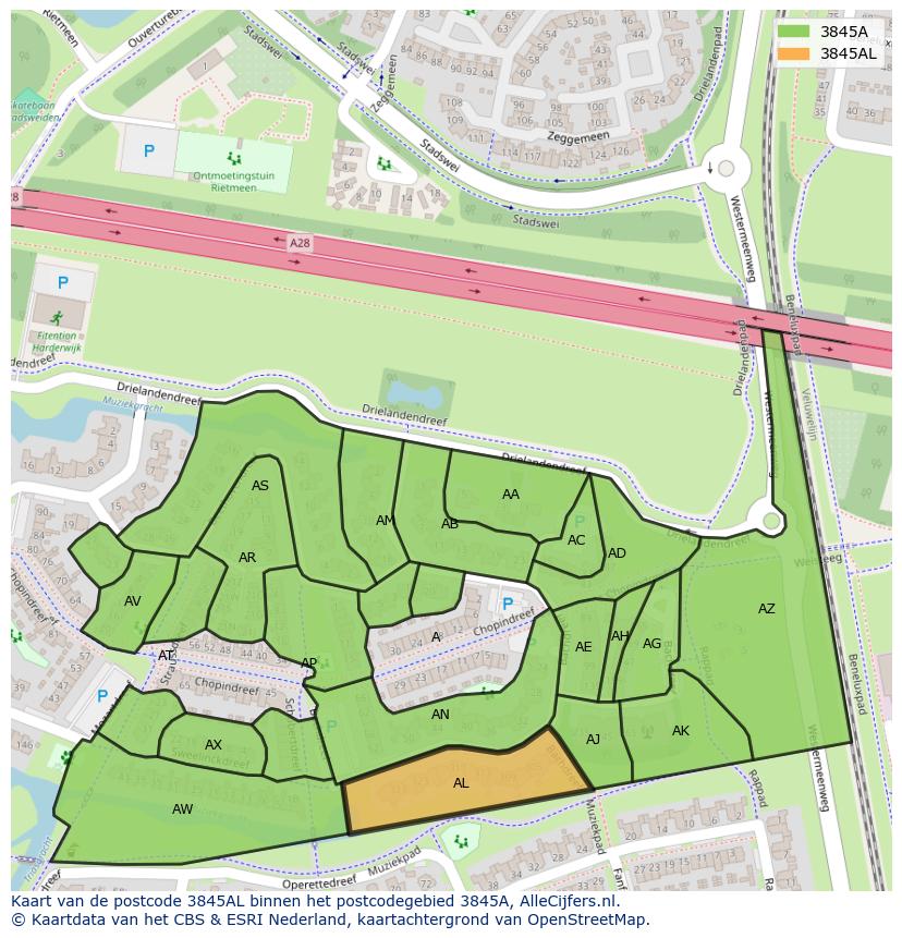 Afbeelding van het postcodegebied 3845 AL op de kaart.