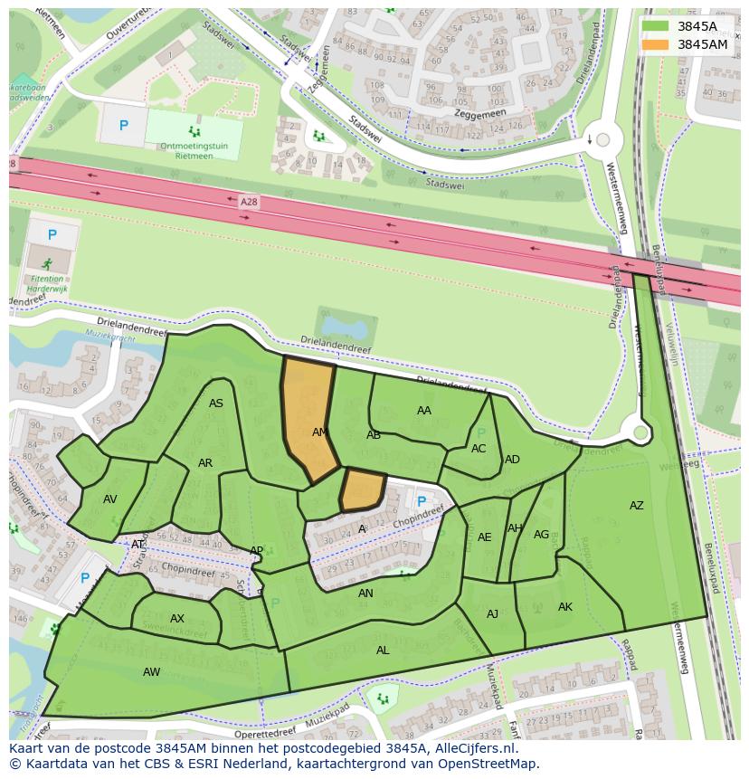 Afbeelding van het postcodegebied 3845 AM op de kaart.