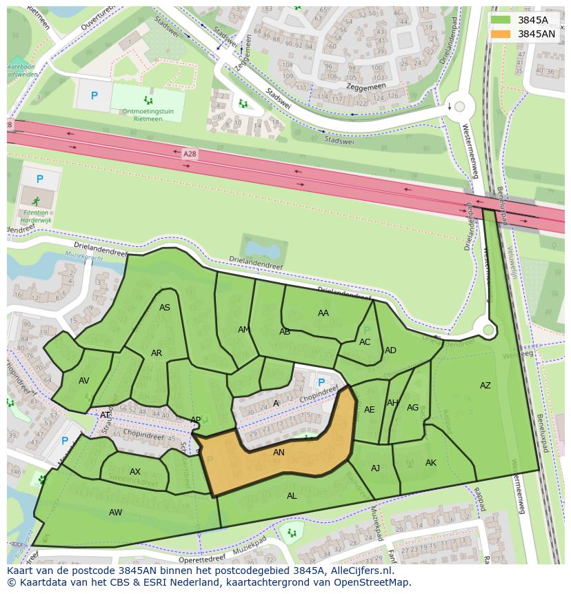 Afbeelding van het postcodegebied 3845 AN op de kaart.