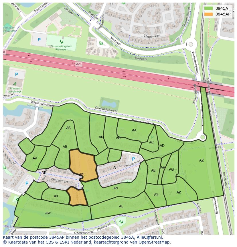 Afbeelding van het postcodegebied 3845 AP op de kaart.