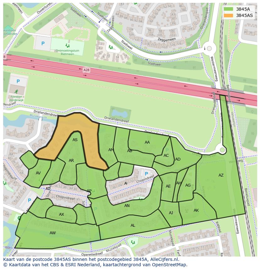 Afbeelding van het postcodegebied 3845 AS op de kaart.