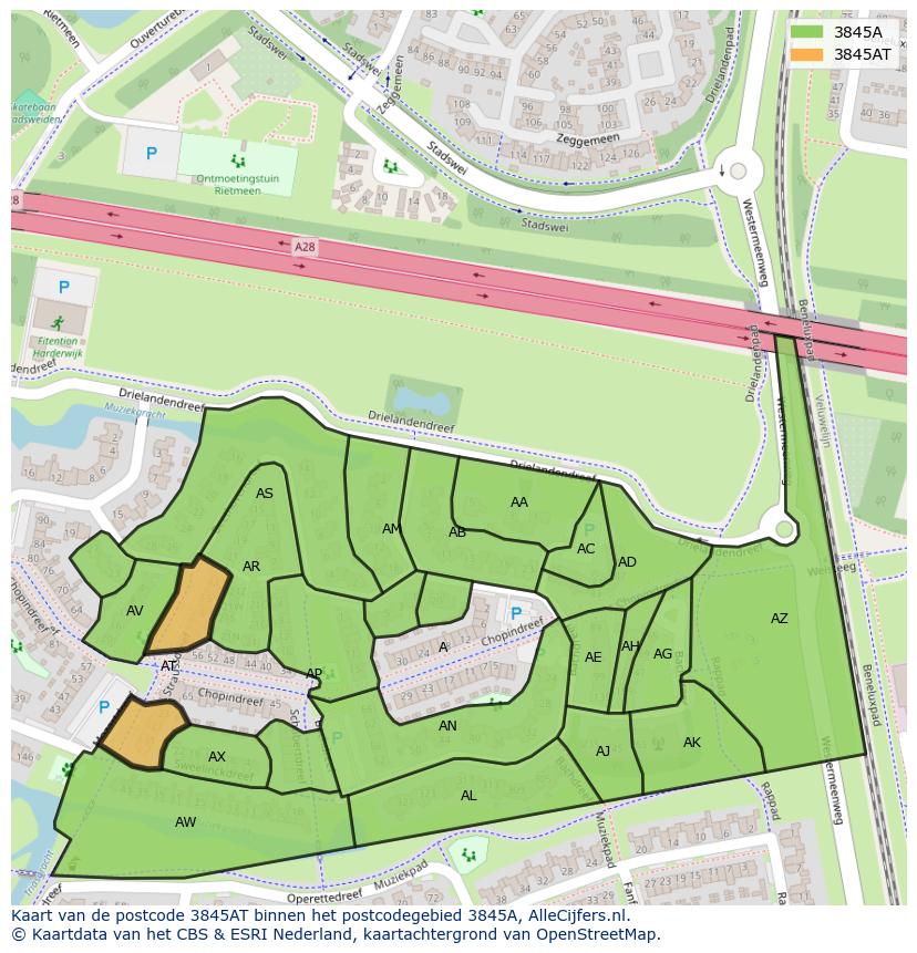 Afbeelding van het postcodegebied 3845 AT op de kaart.