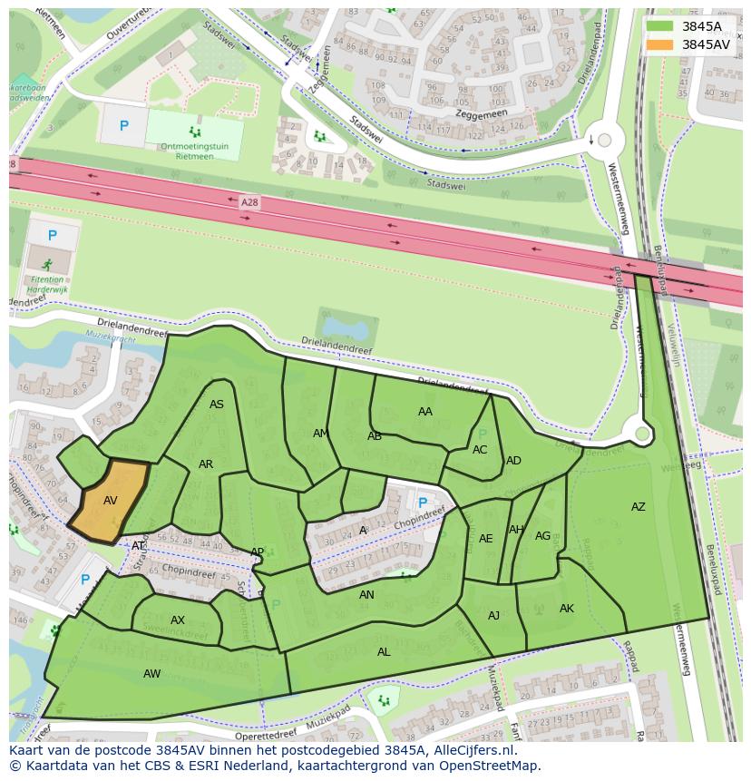 Afbeelding van het postcodegebied 3845 AV op de kaart.