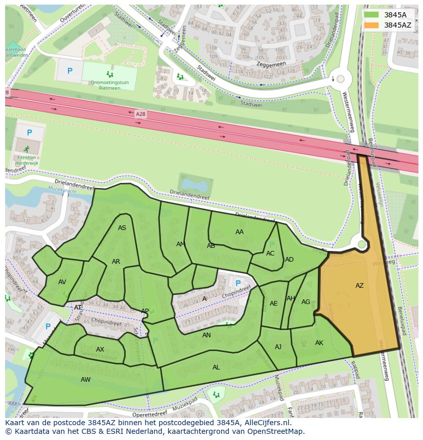Afbeelding van het postcodegebied 3845 AZ op de kaart.
