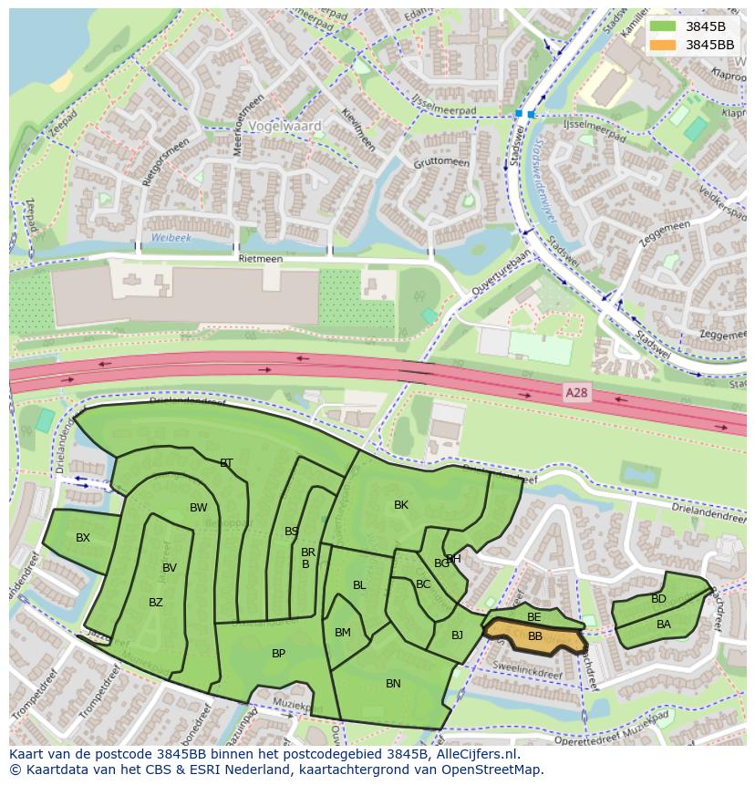 Afbeelding van het postcodegebied 3845 BB op de kaart.