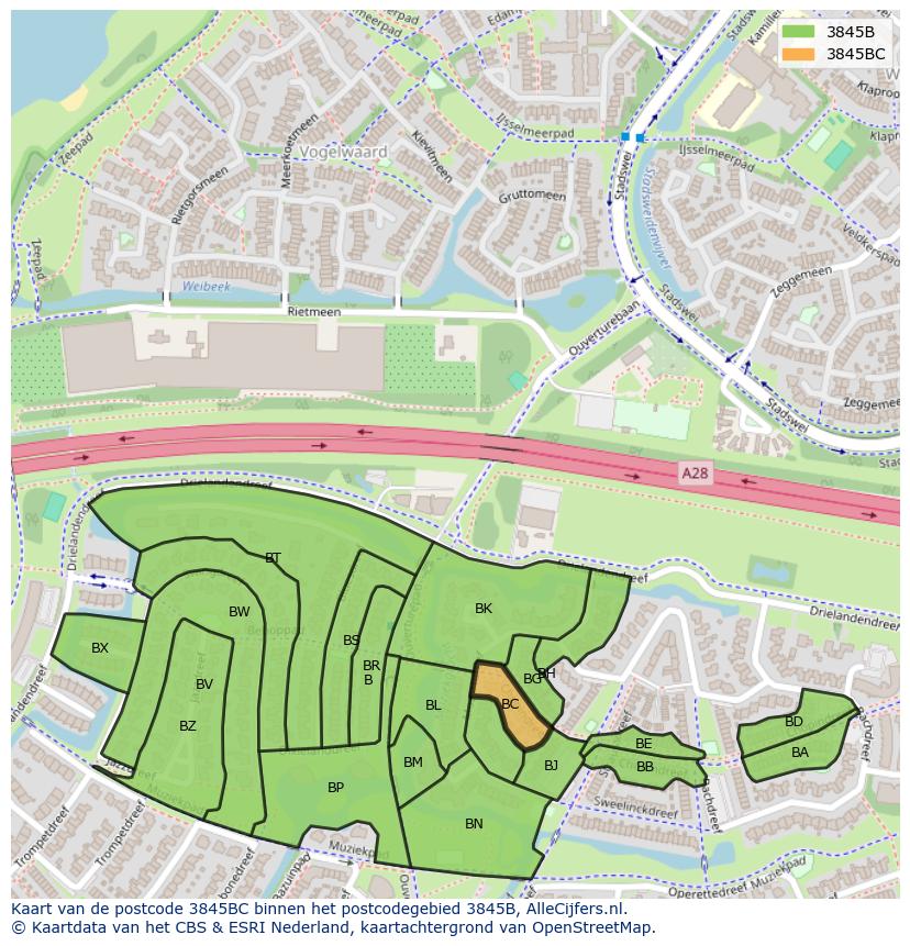Afbeelding van het postcodegebied 3845 BC op de kaart.