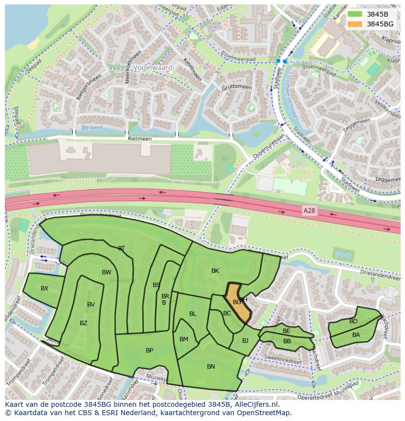 Afbeelding van het postcodegebied 3845 BG op de kaart.
