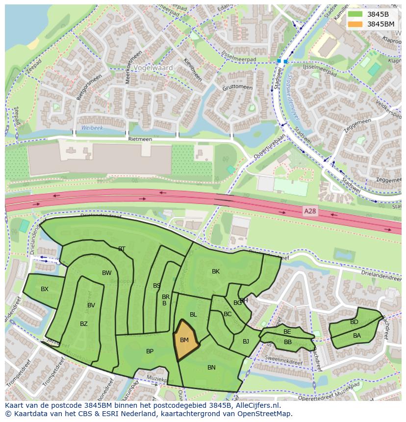Afbeelding van het postcodegebied 3845 BM op de kaart.