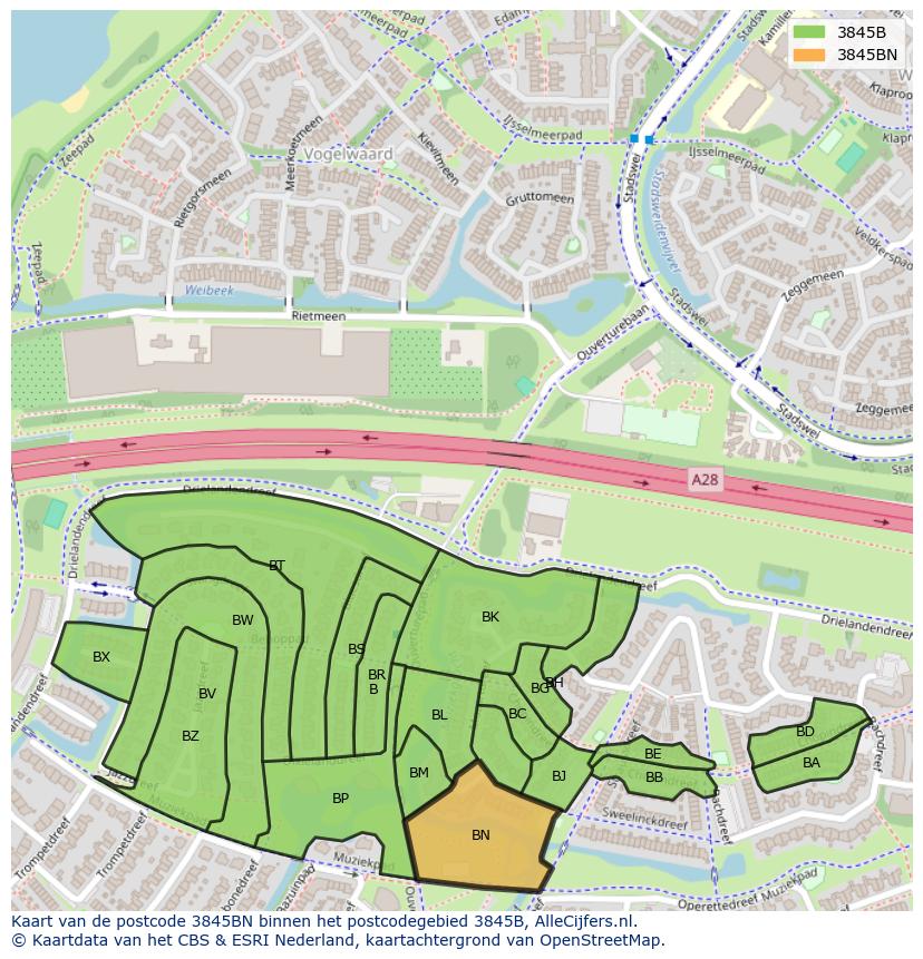 Afbeelding van het postcodegebied 3845 BN op de kaart.