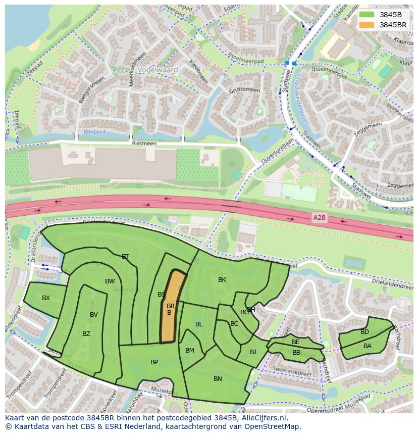 Afbeelding van het postcodegebied 3845 BR op de kaart.