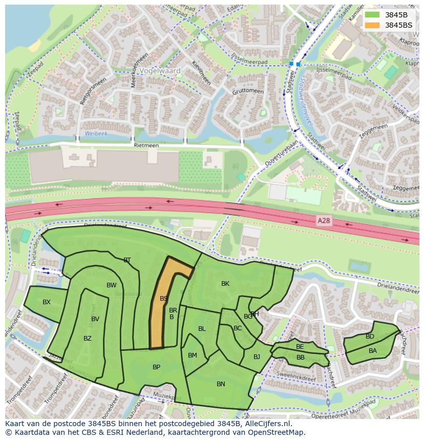Afbeelding van het postcodegebied 3845 BS op de kaart.