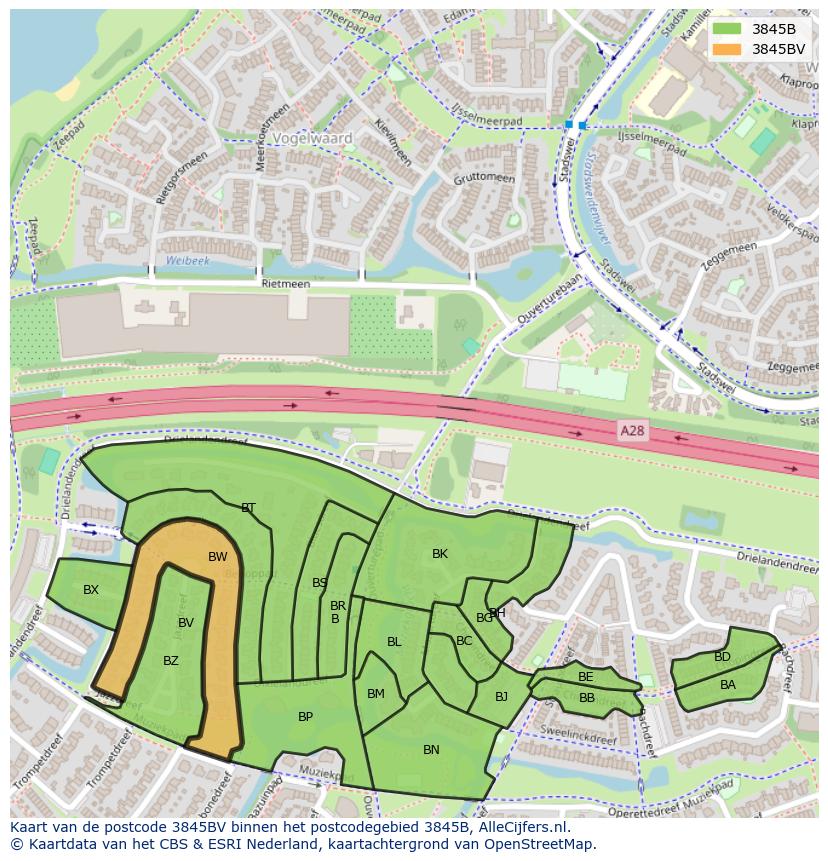 Afbeelding van het postcodegebied 3845 BV op de kaart.