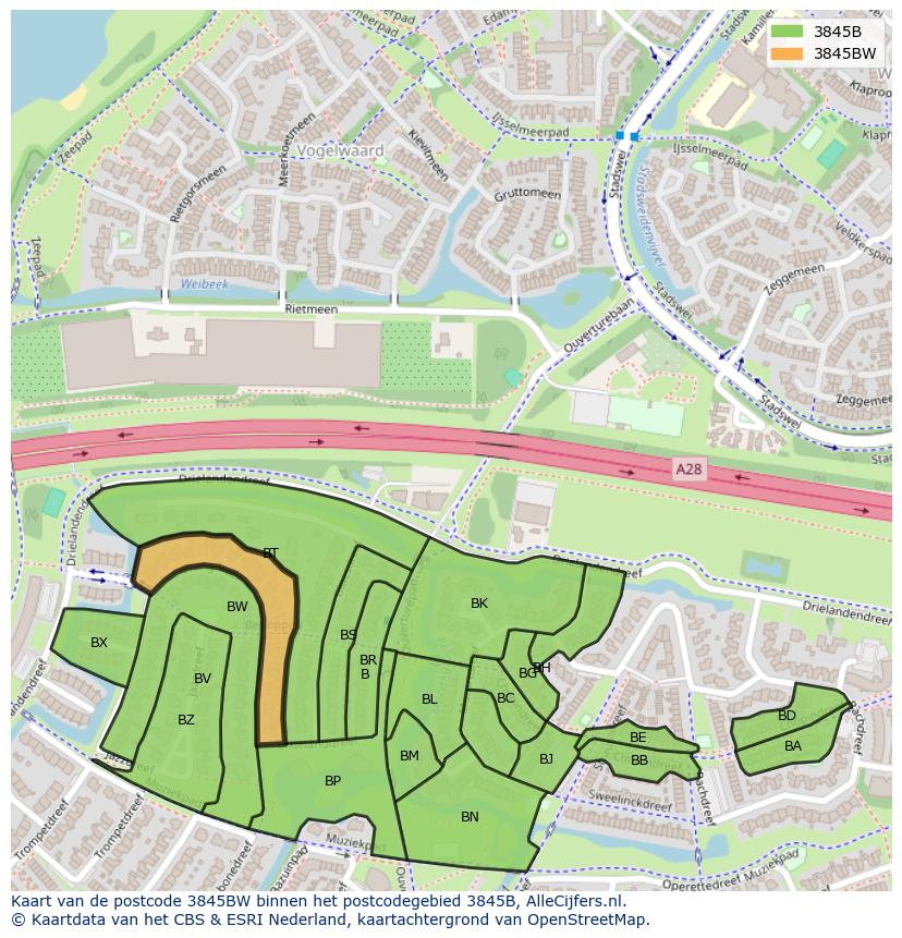 Afbeelding van het postcodegebied 3845 BW op de kaart.